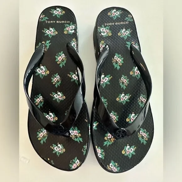 Tory Burch Black Floral Wedge Flip Flops